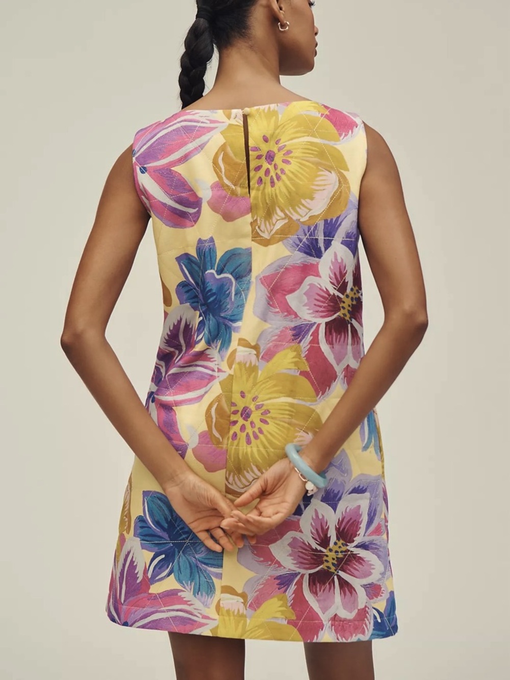 NWT Farm Rio Folk Floral Hibiscus Quilted Mini Dress Pockets Gold Purple S Small - Picture 2 of 4